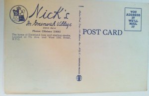 1940's NYC Postcard NICK'S IN GREENWICH VILLAGE Restaurant Bar Linen**UNUSED**