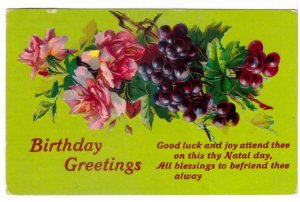 Birthday Greetings, Roses Grapes, Antique Embossed Postcard