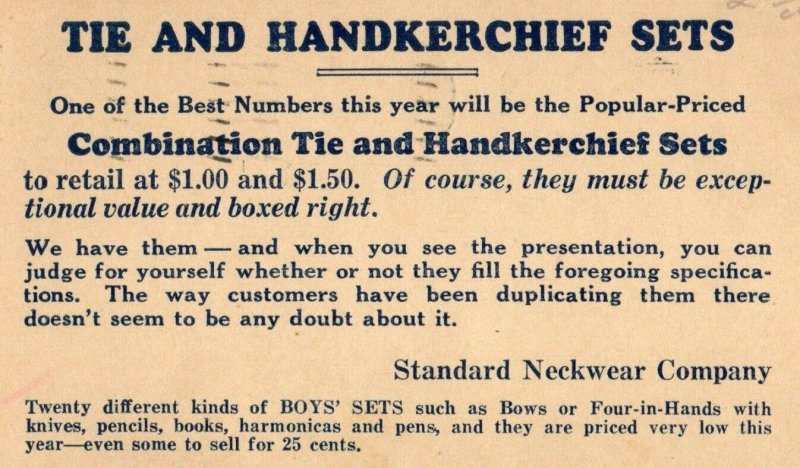 1930 Standard Neckwear Company Advertising Postcard F30