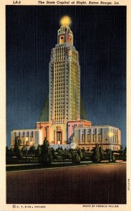 Louisiana Baton Rouge State Capitol At Night Curteich