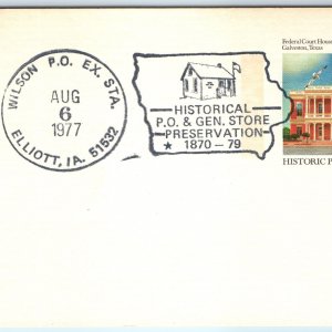 1977 Elliott, IA Wilson PO Ex. Sta. Fancy Cancel Historical Preservation PC A266