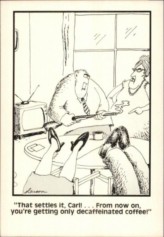 Vintage Gary Larson FAR SIDE 1980s Postcard gfz GUY w/ GUN ONLY DECAF COFFEE