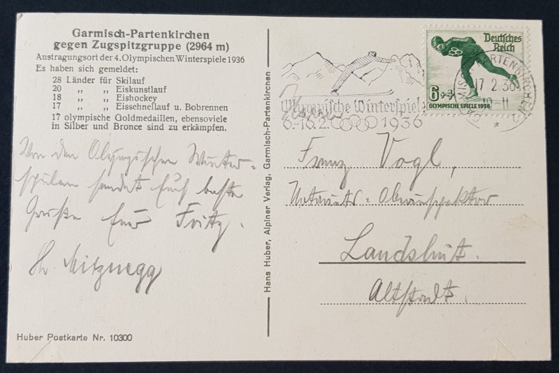 German 3rd Reich Era Propaganda 1936 Winter Olympics Rare Color Card