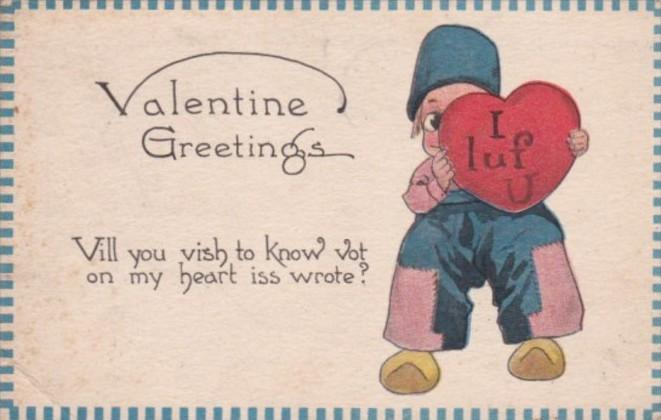 Valentine's Day Greetings Dutch Boy With Red Heart I Luf U 1914