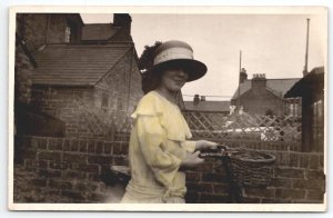 RPPC Pretty Woman With Bicycle And Yellow Dress Tinted Real Photo Postcard Y25