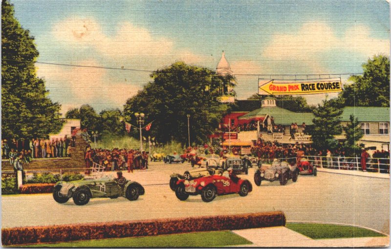 Watkins Glen NY Grand Prix Race Course c1940s racecars flags stands Seneca Lake 