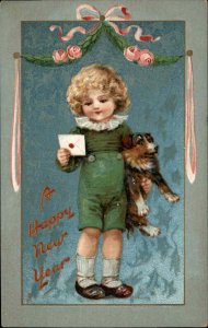 Tuck New Year Little Boy Curly Blonde Hair Puppy Dog in Arms c1910 Postcard