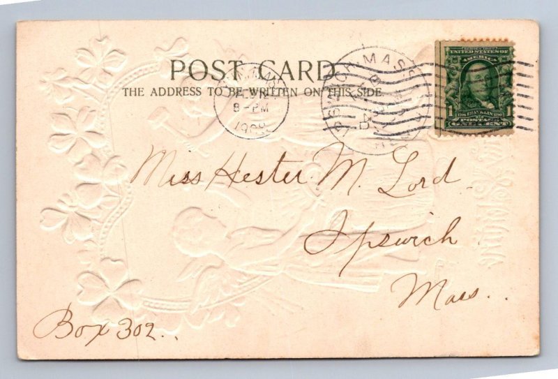 VALENTINE HOLIDAY ANGELS BLACKSMITH HORSESHOE ANVIL EMBOSSED POSTCARD 1908