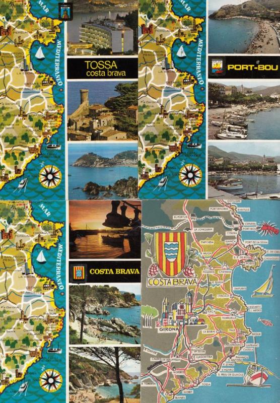 Tossa Port Bou 4x Costa Brava Spanish Map Postcard