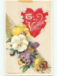 Pre-Linen valentine JOHN WINSCH - HEART WITH PANSY FLOWERS k9817