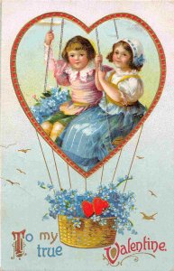 To My Valentine Girl Boy Riding Heart Shape Hot Air Balloon Greetings postcard