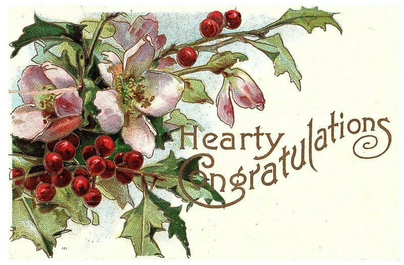 Hearty Congratulations Holiday Holly 1913 Antique Postcard w/ 1c stamp Vintage
