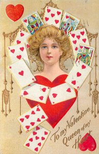 Embossed Valentines Day Postcard Playing Cards Queen Of My Heart