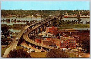 Vtg Bettendorf Iowa IA Illinois Memorial Twin Suspension Bridge View Postcard