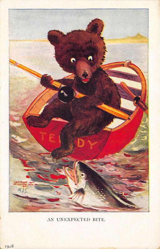 Artist M.D.S. Teddy Bear Boat Catching Fish Ullman Publisher Postcard