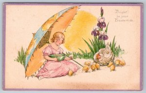 Bright Be Your Eastertide, Girl With Parasol, Hens & Chicks, Iris, 1916 Postcard