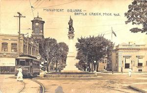 Battle Creek MI Monument Sq. Trolley Diamond Merchant Clock RPPC Postcard