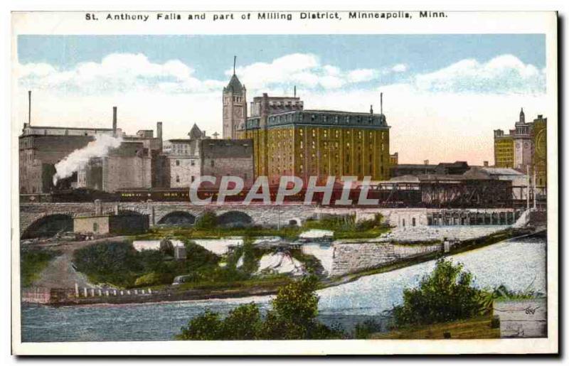 Old Postcard Anthony Falls and part of Milling District Minneapolia Minn Train