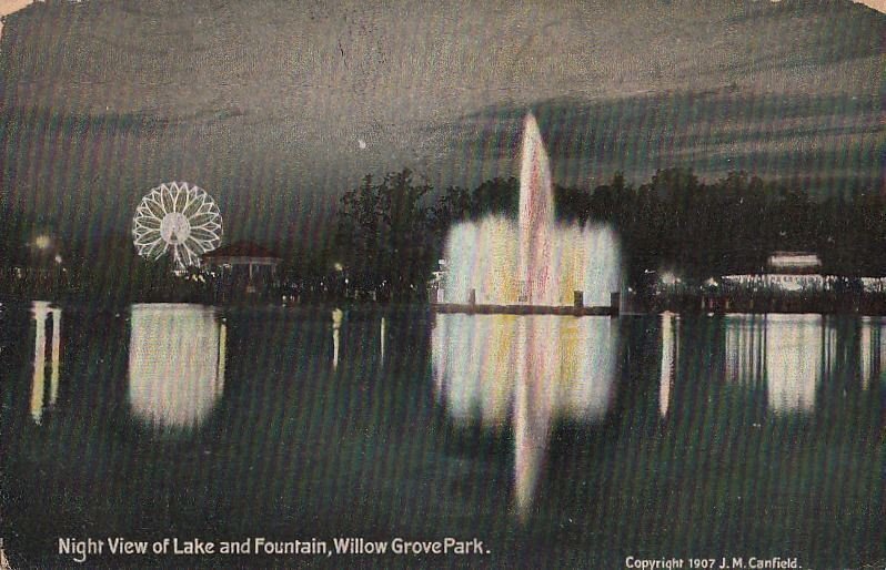 Postcard Night View Lake + Fountain Willow Grove Park PA