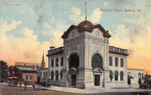 c.'11,Early Color Printing, Wabash Ry Depot, Buggy, Msg,Quincy,IL,Old Post Card