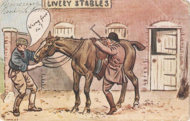 Livry Stables. Man mounting a horse Antique Tuck French Postcard