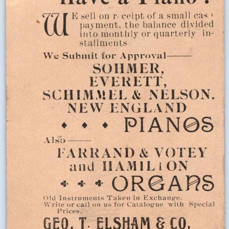 c1880s Mason City, IA Geo T Elsham Music Dealer Store Trade Card Piano Organ C48