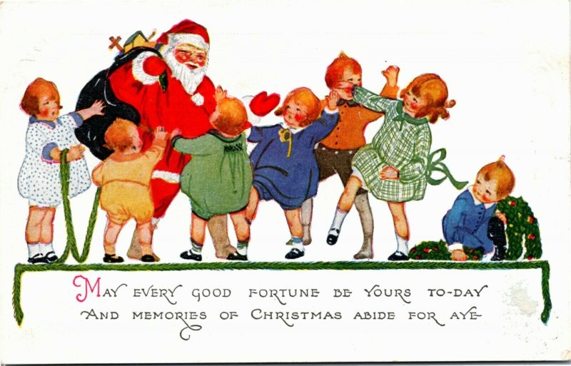 Postcard Santa Black Toy Bag Surrounded by Children 1928 L12