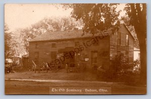 J87/ Hudson Ohio RPPC Postcard c1910 The Old Seminary Building Wagons 1797
