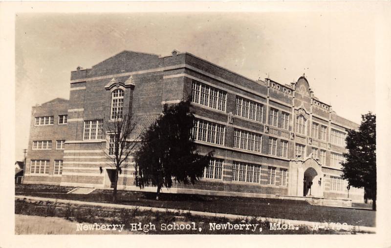 Newberry Michigan~Newberry High School~Corner View~Vintage RPPC