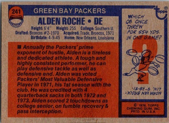 1976 Topps Football Card Alden Roche Green Bay Packers sk4357