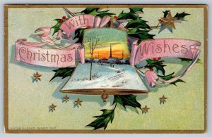 With Christmas Wishes, Rural Winter Scene, Bell, Holly, 1912 A.M.P. Co. Postcard