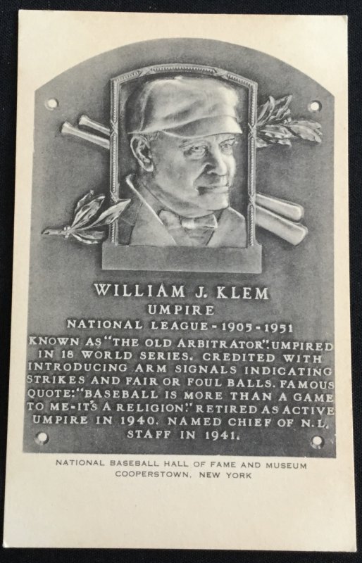 Unused Postcard William J Klem Baseball Hall of Fame NY LB