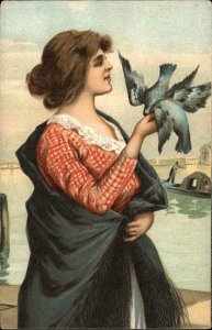 Beautiful Woman Pretty Lady Feeding Birds c1910 Vintage Postcard