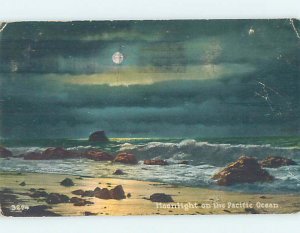Divided-back MOONLIGHT ON PACIFIC OCEAN SHORELINE Postmarked Portland OR AD8113