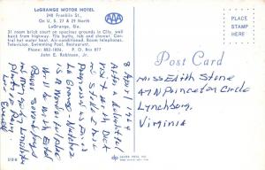 LaGrange Georgia~LaGrange Motor Hotel @ 240 Franklin Street~1964 Postcard