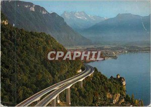 Postcard Modern Motreux Highway Leman Chateau de Chillon Villeneuve and the D...