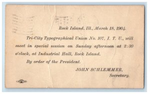 1904 Tri-City Typographical Union No. 107 Letter Rock Island IL Postcard