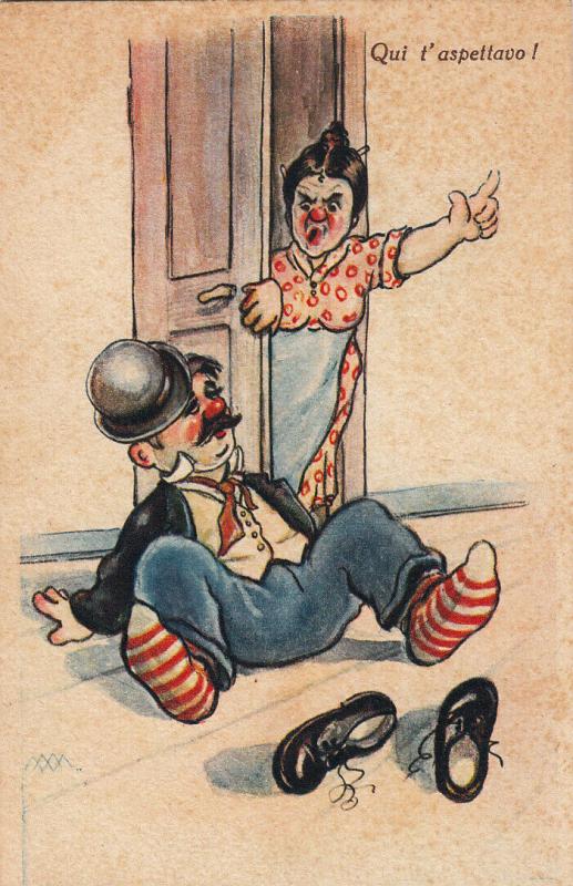 Humour artist signed M.M. angry wife waiting drunk red nose husband caricatures