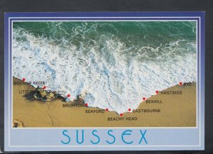 Maps Postcard - Map of Sussex Coastline Using The Beach and Waves   RR7117