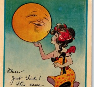 Fantasy Postcard Dwig Women Holds Up Moon Human Face Anthropomorphic Rose 1908