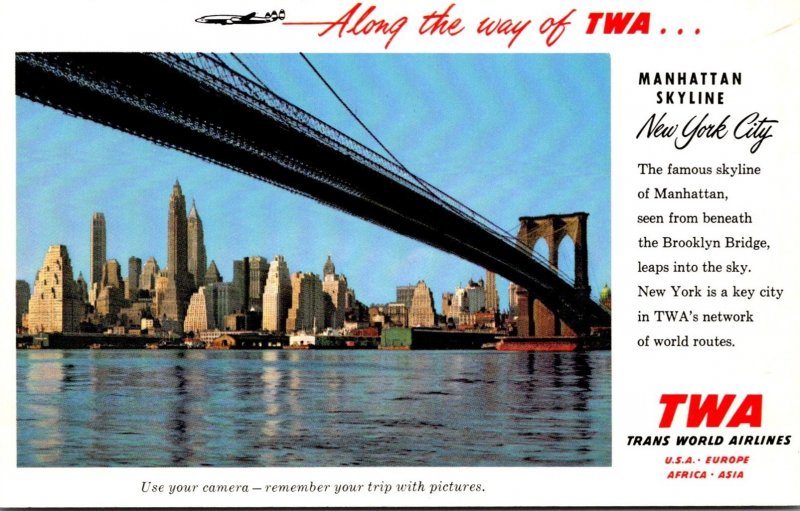 New York City Manhattan Skyline Trans World Airlines Advertising Card