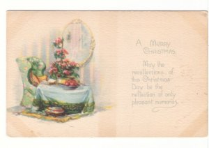 A Merry Christmas, Table, Chair, Mirror, Flowers, Vintage 1920 Postcard