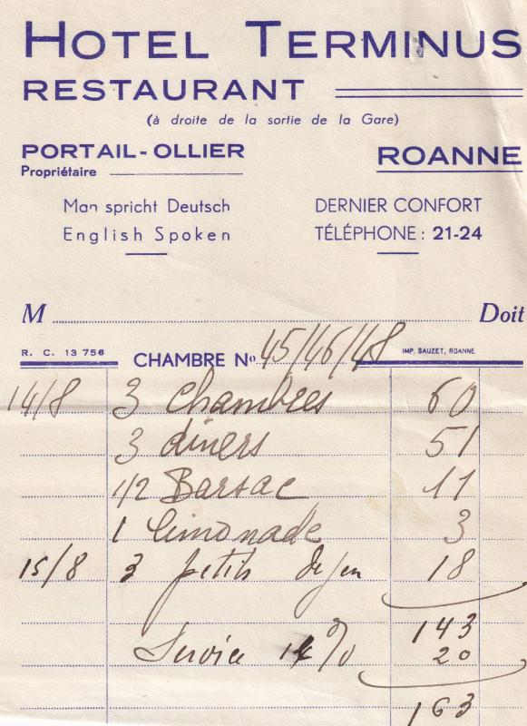 Hotel Terminus Restaurant Roanne 1939 WW2 Receipt