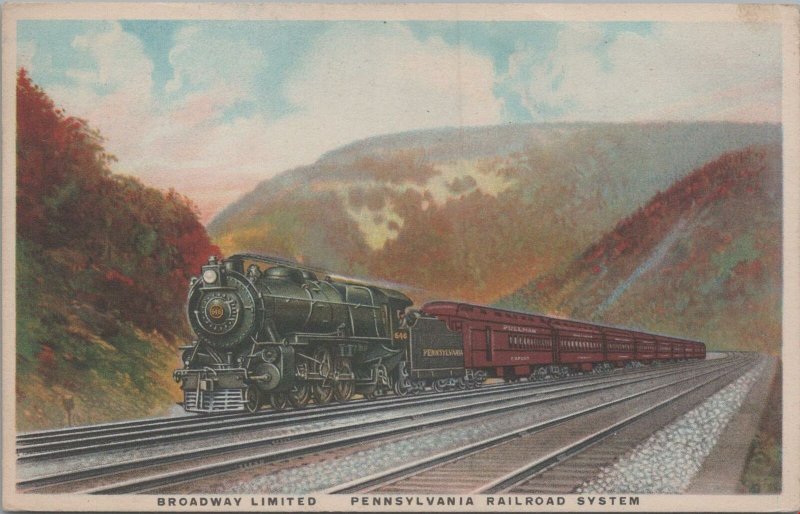 Postcard Railroad Train Broadway Limited Pennsylvania Railroad System 1923