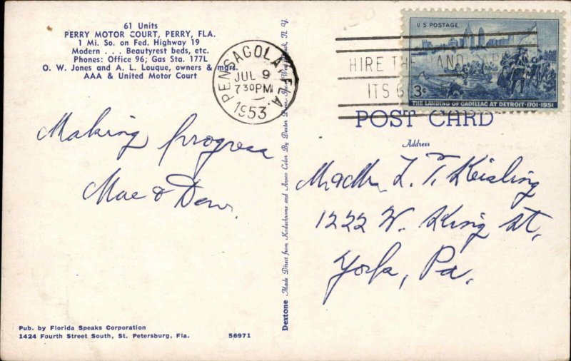 Perry Florida FL Motel 1950s-60s Postcard