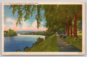 Marietta Ohio~City Park On Muskingum River~Bench On Pathway~1937 Linen Postcard