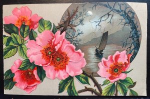 Vintage Victorian Postcard 1910 Pink Dogwood with Scary Trees in Background