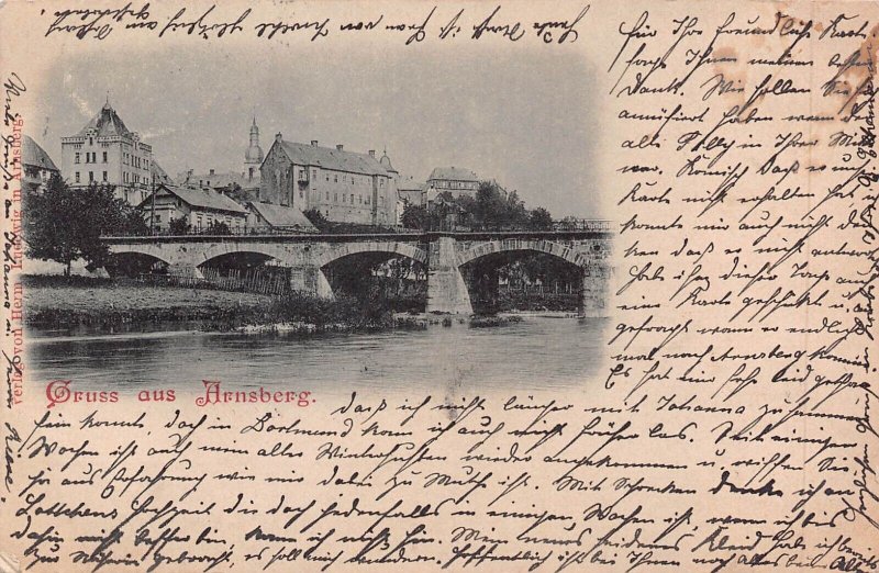 GRUSS aus ARNSBERG GERMANY-BRIDGE VIEW TO VILLAGE ~1898 HERB LUDEWIG POSTCARD