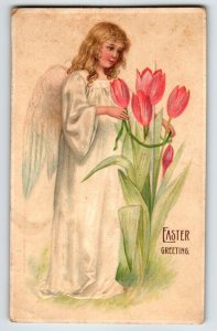 Easter Postcard Angel Pink Red Lilies Flowers Germany Embossed Unposted Vintage