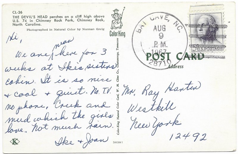 US North Carolina Chimney Rock Park - Devil's Head. Mailed from Bat Cave, 1967.